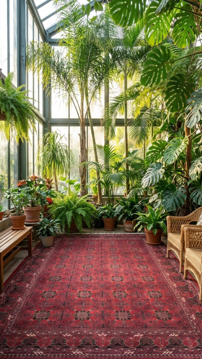 Geniş camlı serada çeşitli egzotik bitkiler ve hasır koltukların etrafında kırmızı desenli halı