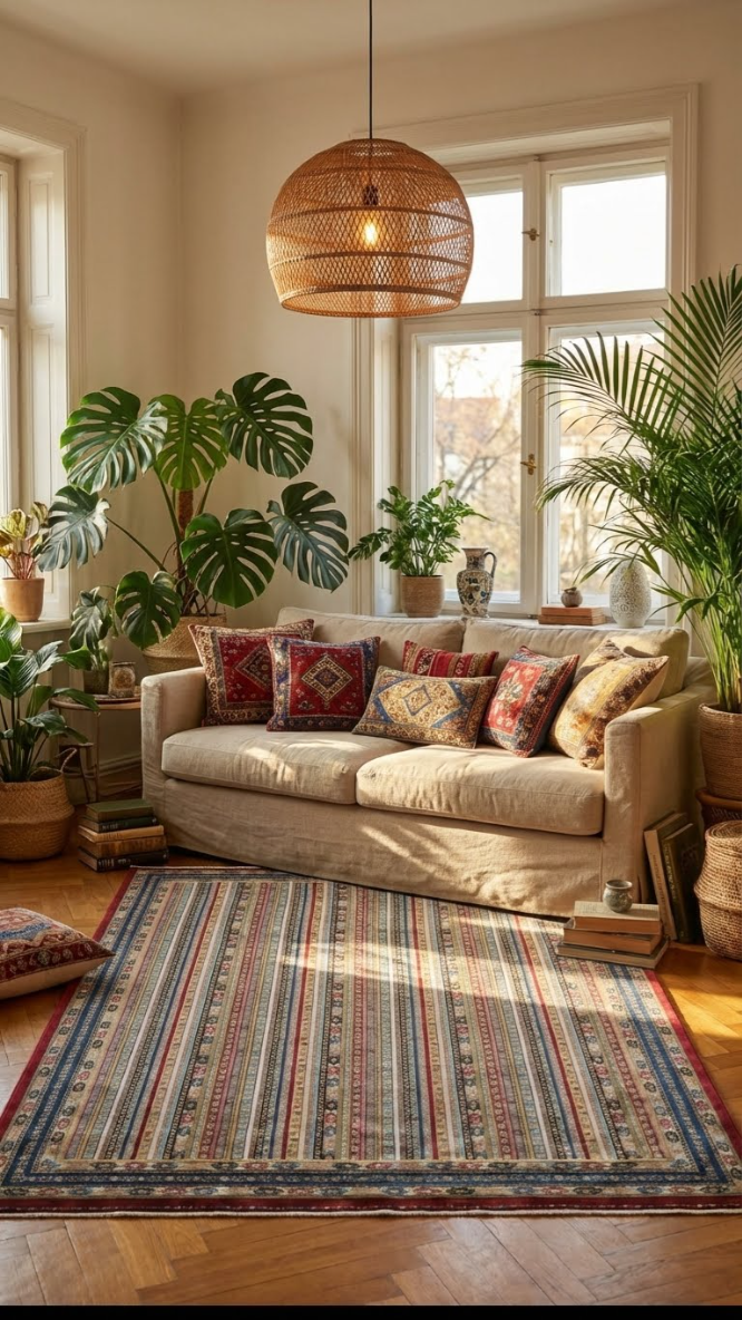 Doğal tonlarda modern oturma odası, işlemeli yastıklar, halı, büyük bitkiler ve hasır avize