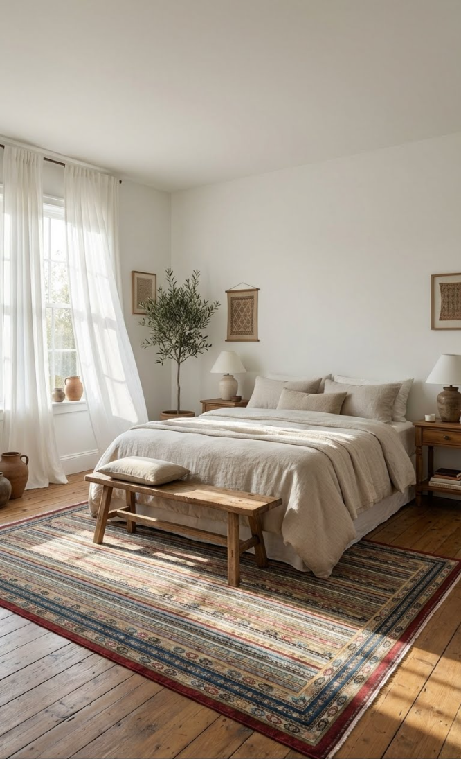 Doğal ahşap zeminli, büyük renkli halı ve nötr tonlarda yatak odası, ahşap bank ve beyaz perde