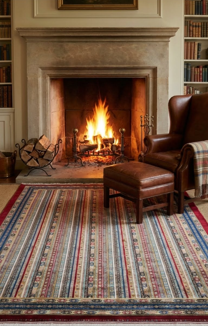 Sıcak soba ateşi, kahverengi deri berjer, ayak dayama ve renkli çizgili halı ile rahat oturma odası