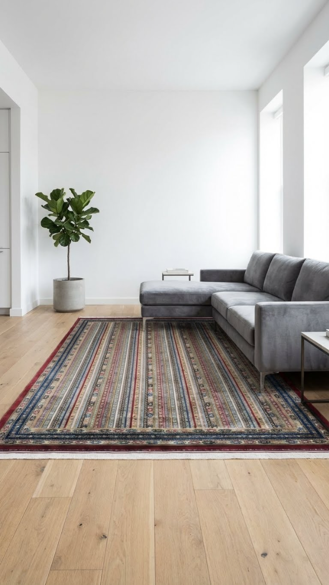 Modern oturma odası, gri köşe kanepe, renkli desenli halı ve beton saksıda yeşil salon bitkisi