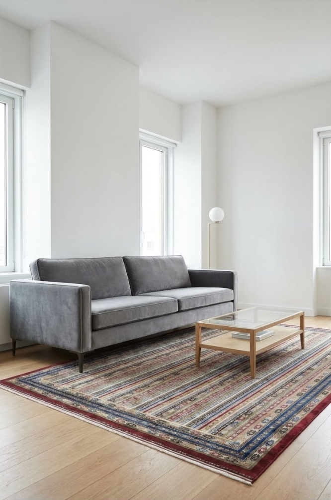 Modern gri koltuk, etnik desenli halı ve ahşap cam sehpa ile minimalist oturma odası