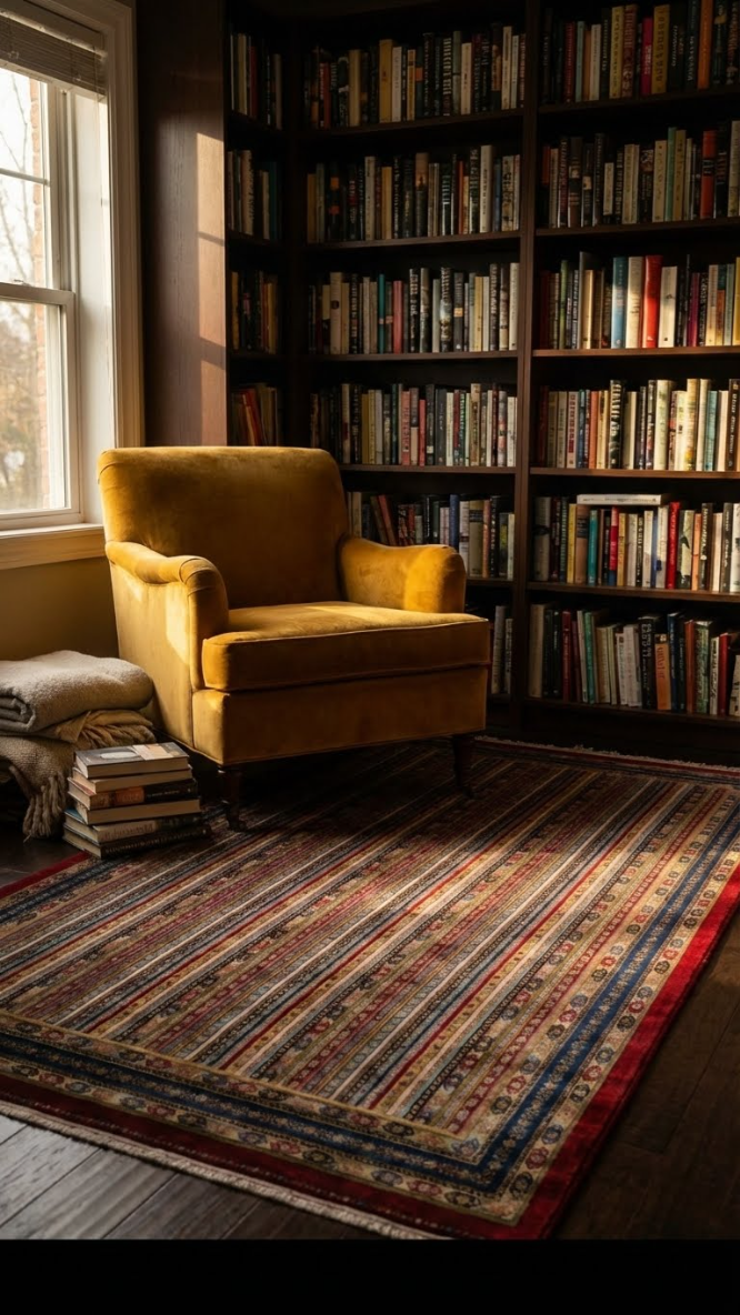 Güneş ışığı alan pencereli kitaplık odasında hardal sarısı koltuk ve vintage desenli halı