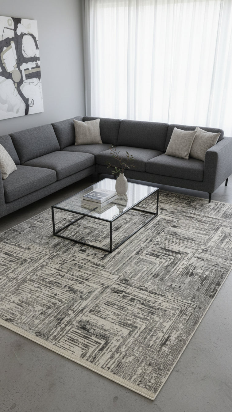 Gri köşe koltuk, modern desenli gri halı ve cam üstü metal sehpa ile minimal salon dekoru