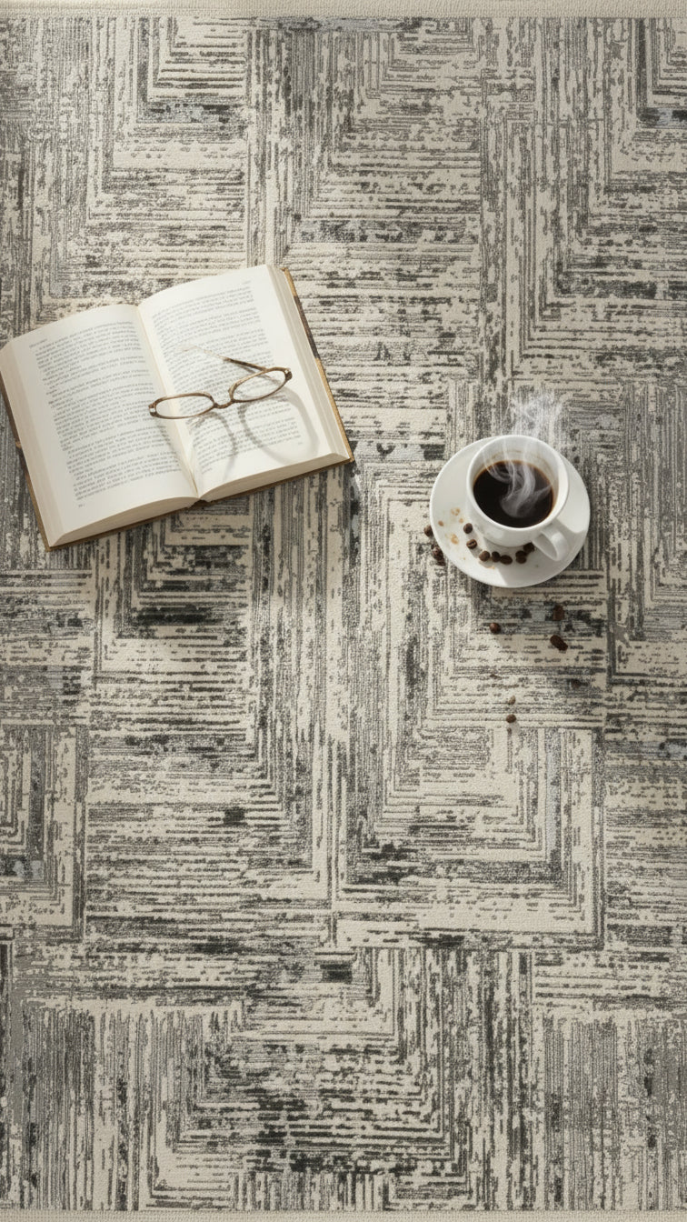 Gri desenli halıda açık kitap, gözlük ve buharlı kahve fincanı, kahve çekirdekleriyle