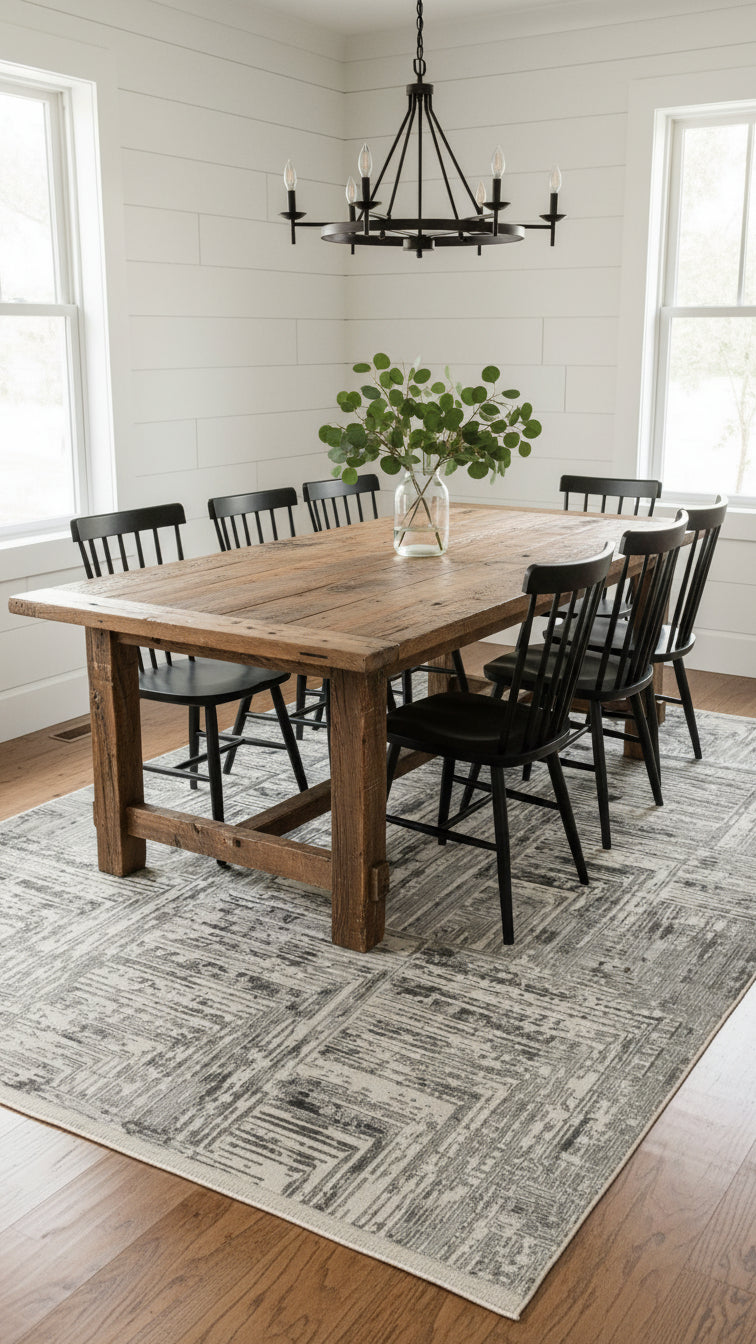 Ahşap rustik yemek masası, siyah sandalyeler, modern halı ve bitki dekorlu aydınlatmalı kırsal yemek odası