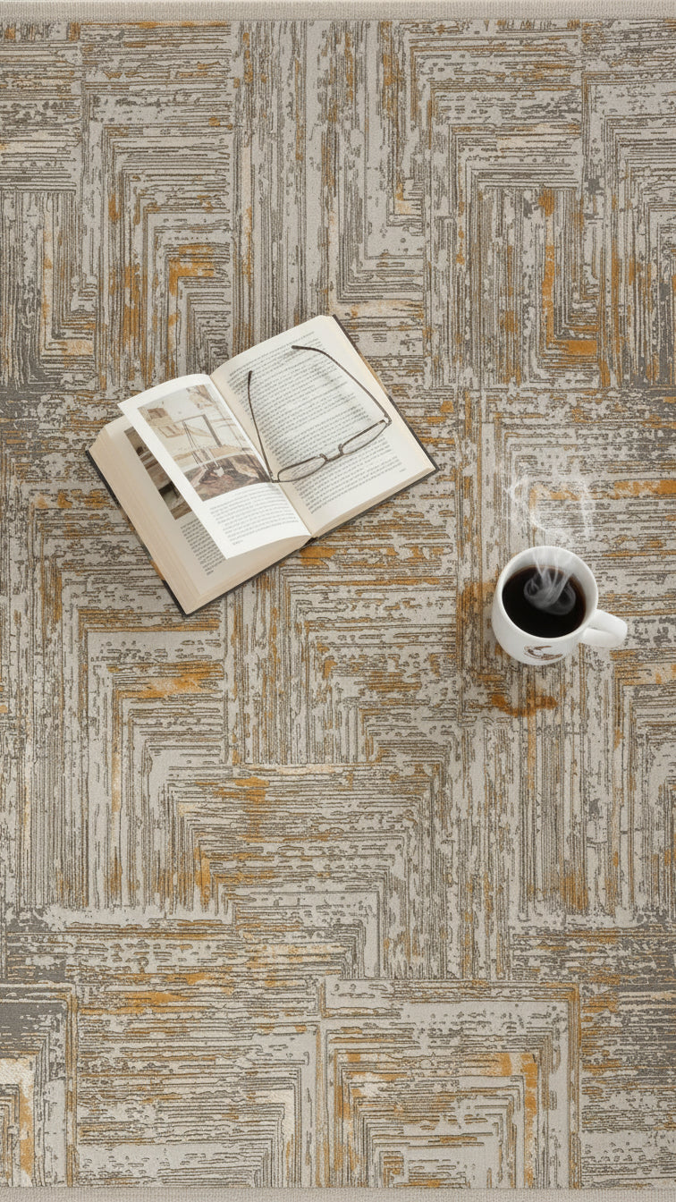 Gri ve turuncu geometrik desenli halı üzerinde açık kitap, okuma gözlüğü ve buharlı kahve fincanı