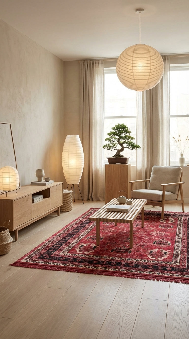 Japandi stili oturma odası, keten perdeler, bonsai ağacı, doğal ahşap mobilya ve kırmızı halı