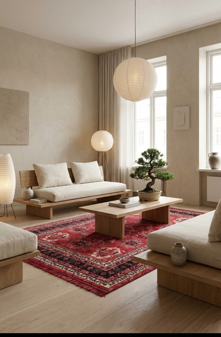 Japandi tarzı sade oturma odasında ahşap mobilyalar, kırmızı halı ve bonsai bitkisi