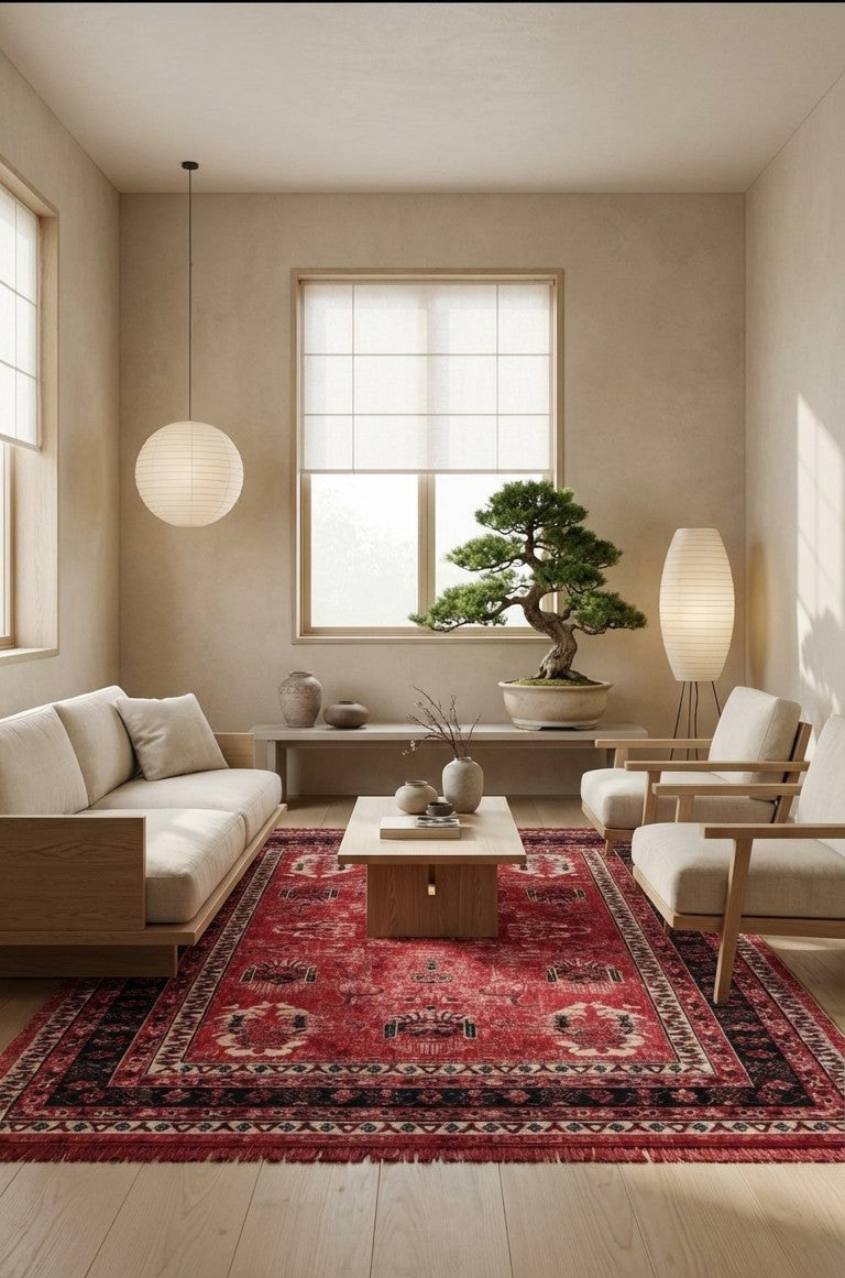 Japandi tarzı bej koltuklu oturma odasında kırmızı desenli halı ve bonsai ağaç