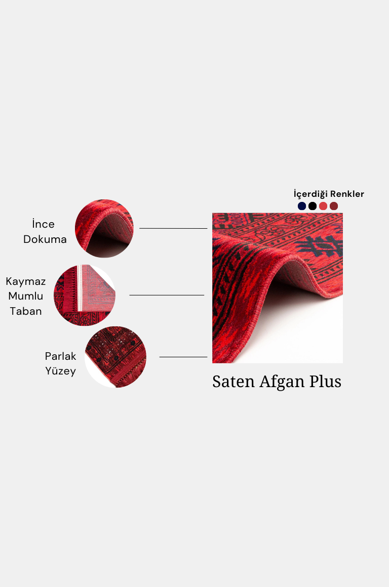 Kırmızı desenli ince dokuma, kaymaz mumlu tabanlı, parlak yüzeyli Saten Afgan Plus halı özellikleri