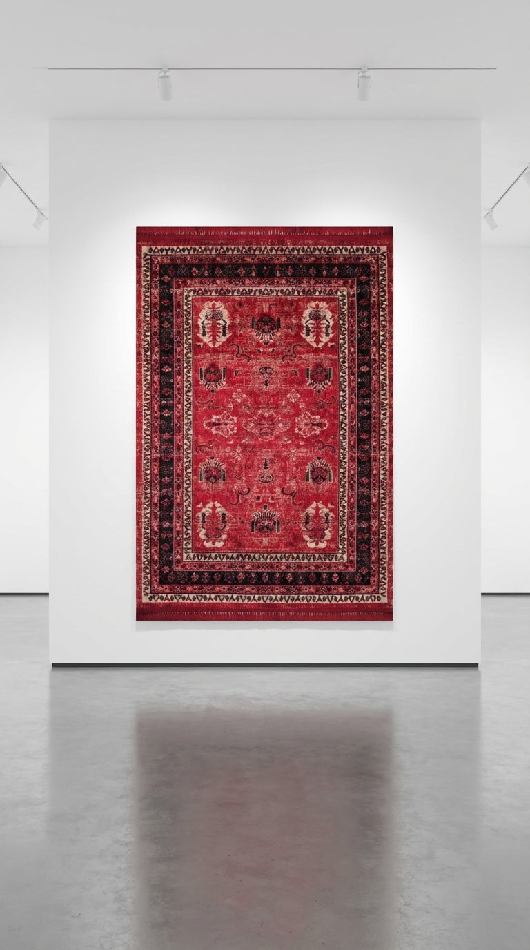 Galeride kırmızı ve siyah çerçeveli geleneksel desenli duvar halısı