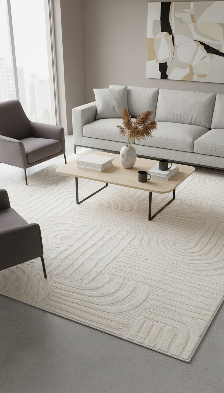 Modern oturma odasında gri kanepe, kahverengi koltuklar, geometrik desenli krem halı ve masa üstünde dekor