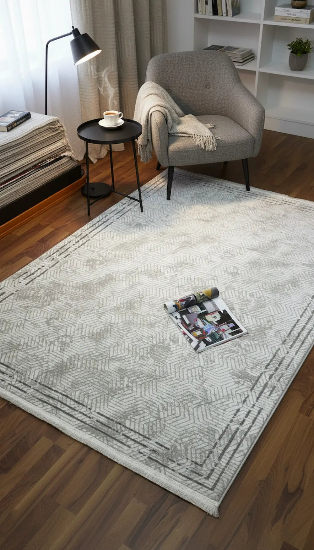 Zev Halı Prime PR003 Beyaz Gri Çerçeveli Geometrik Toz Yapmaz Halı 160x230