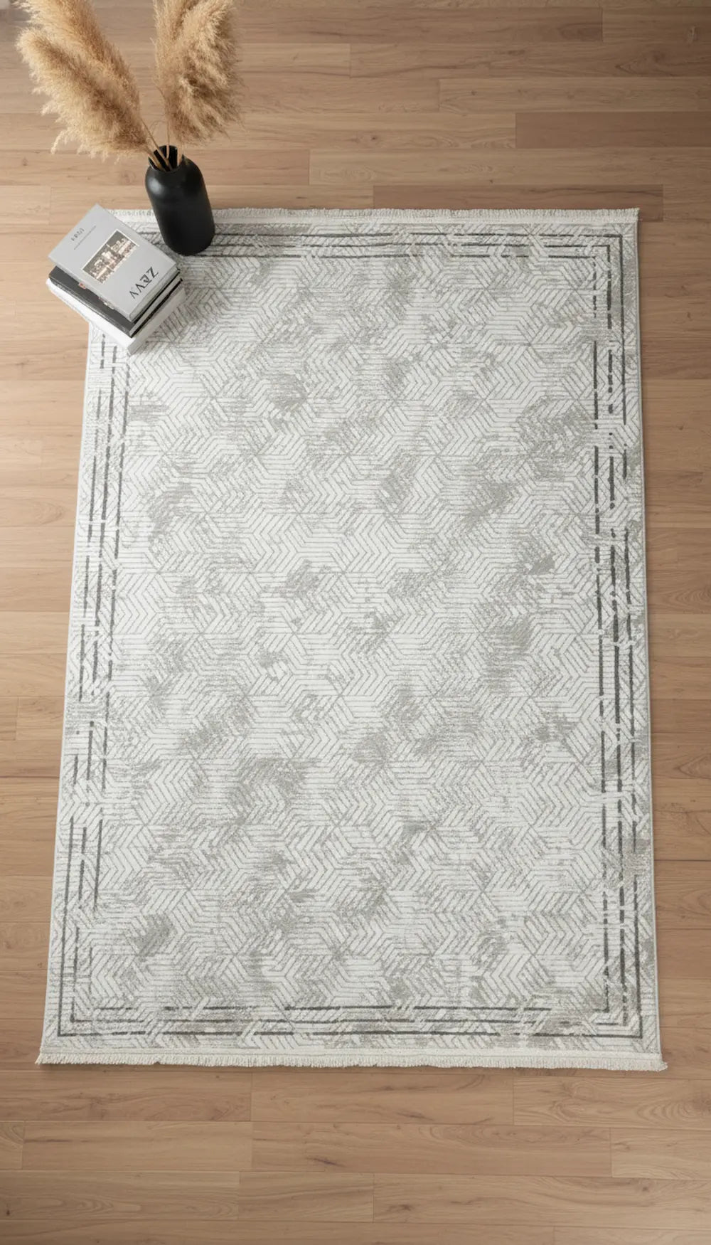 Zev Halı Prime PR003 Beyaz Gri Çerçeveli Geometrik Toz Yapmaz Halı 160x230