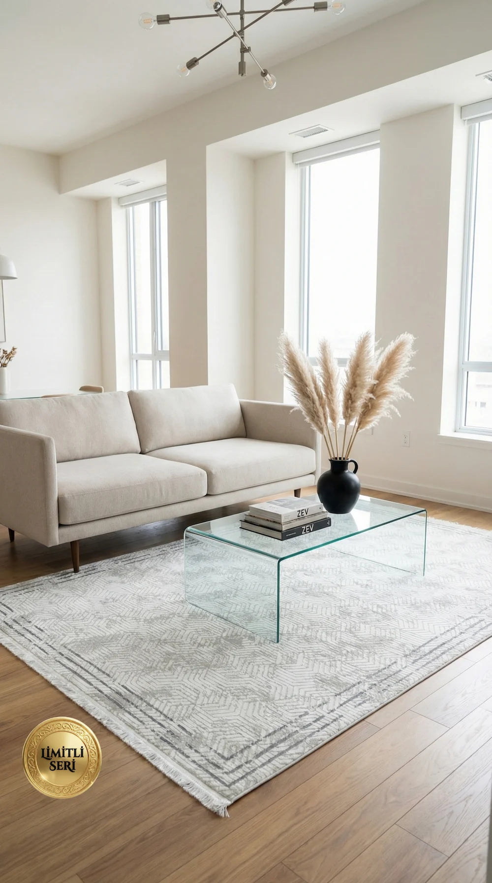 Zev Halı Prime PR003 Beyaz Gri Çerçeveli Geometrik Toz Yapmaz Halı 160x230