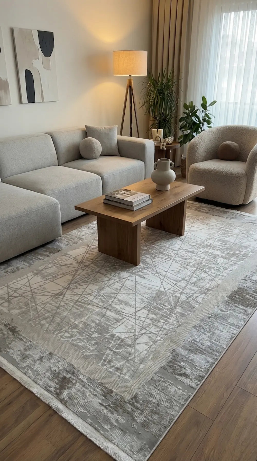 Zev Halı Prime PR004 Gri Soyut Çizgili Çerçeveli Toz Yapmaz Halı 160x230