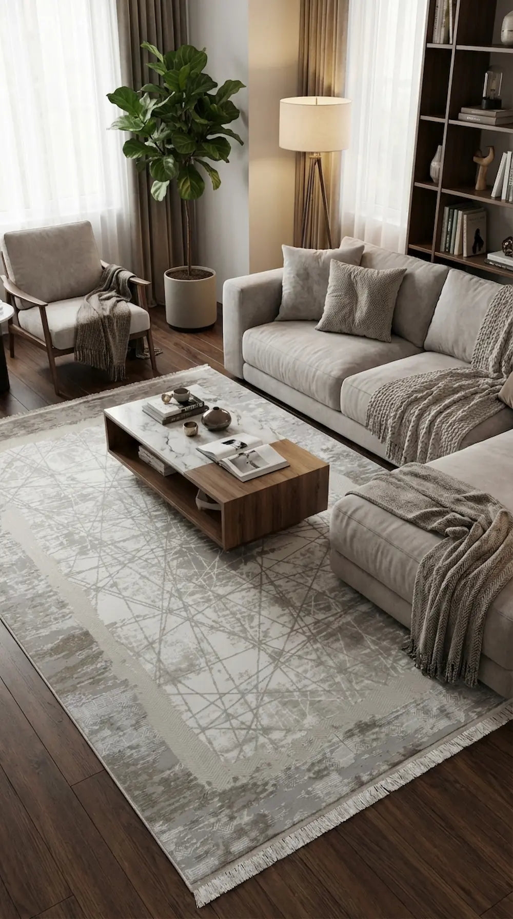 Zev Halı Prime PR004 Gri Soyut Çizgili Çerçeveli Toz Yapmaz Halı 160x230