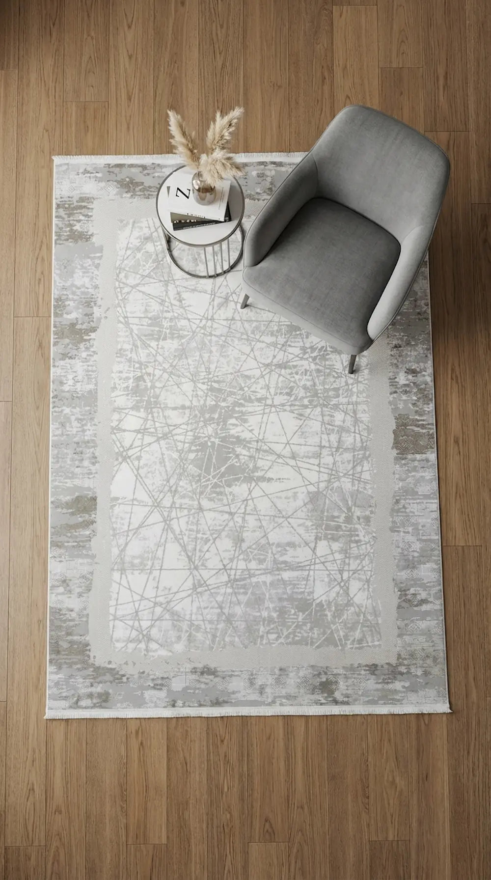 Zev Halı Prime PR004 Gri Soyut Çizgili Çerçeveli Toz Yapmaz Halı 160x230