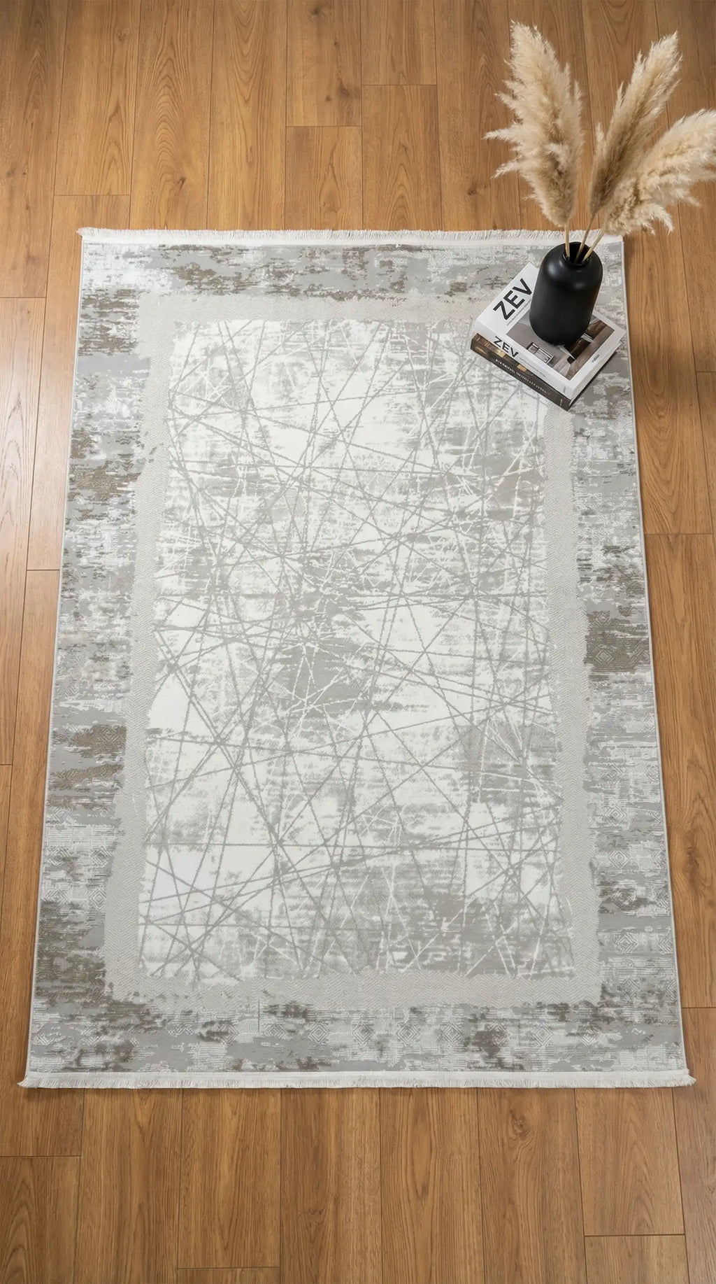 Zev Halı Prime PR004 Gri Soyut Çizgili Çerçeveli Toz Yapmaz Halı 160x230