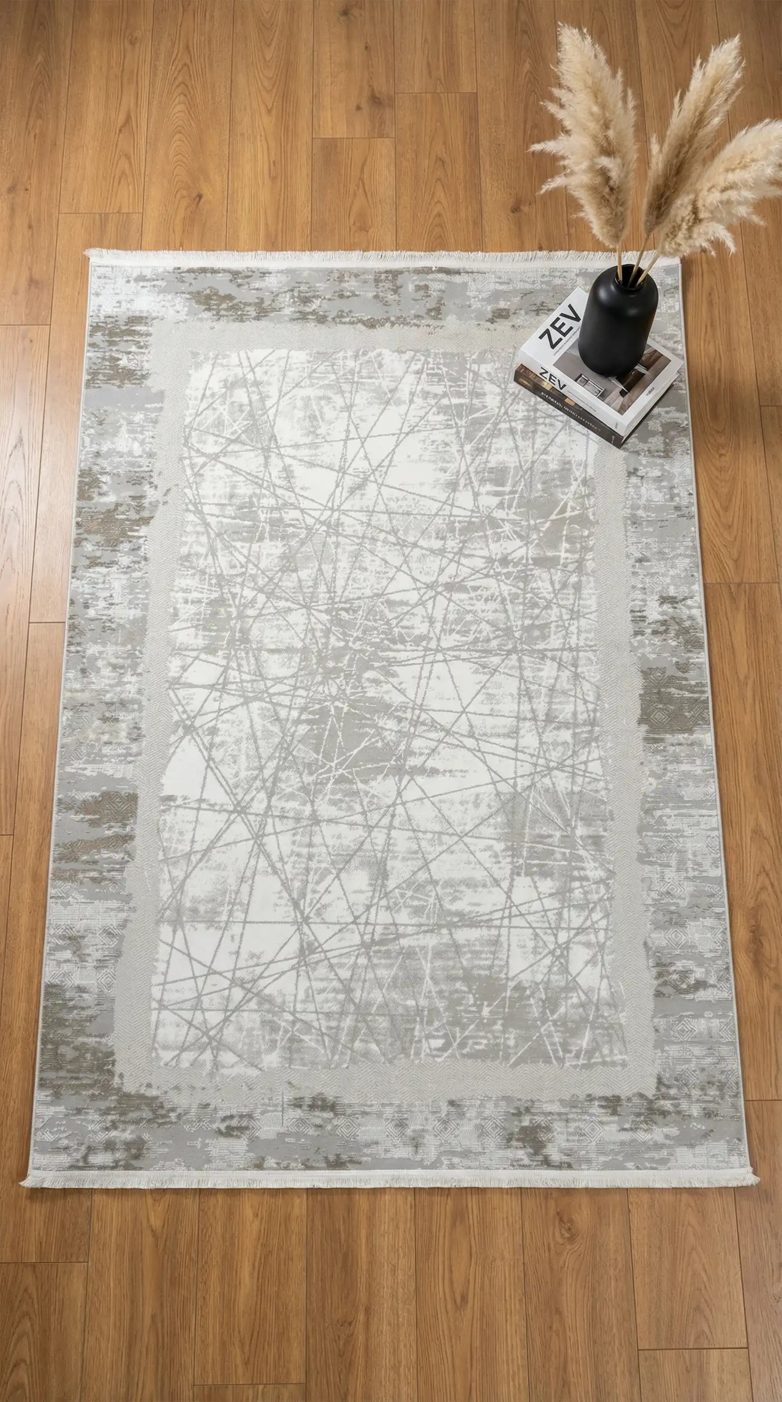 Zev Halı Prime PR004 Gri Soyut Çizgili Çerçeveli Toz Yapmaz Halı 160x230