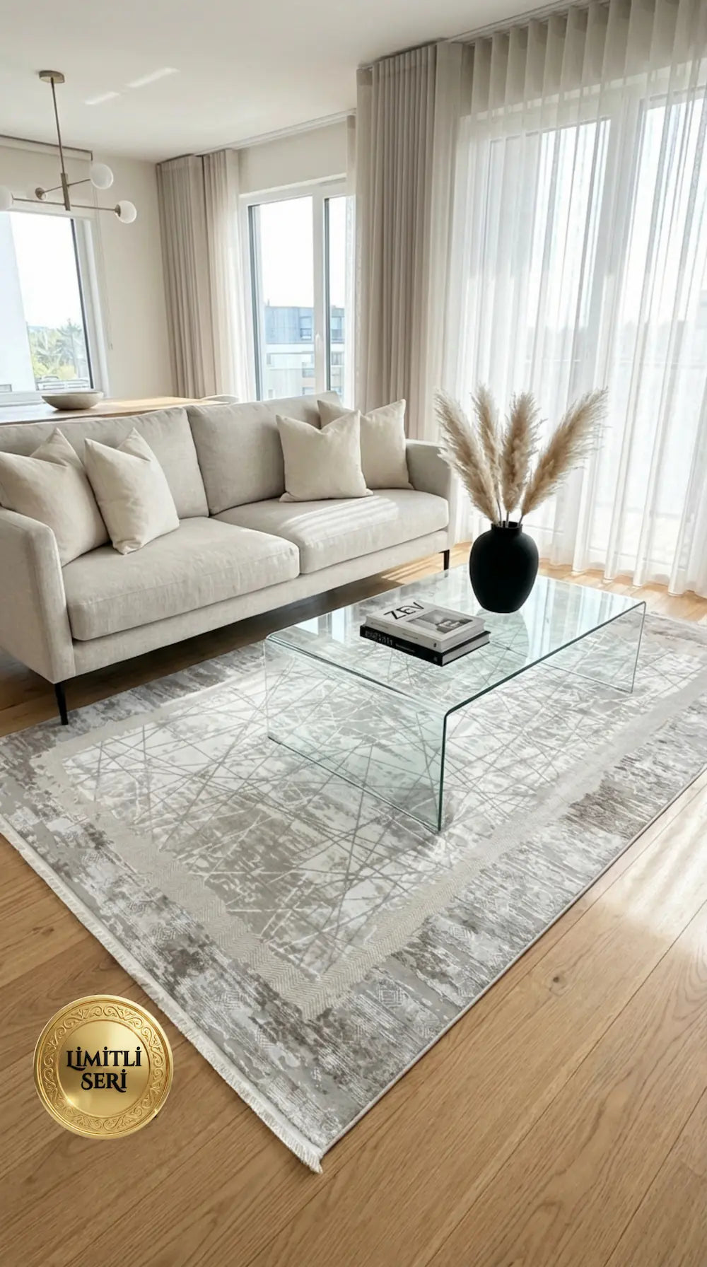 Zev Halı Prime PR004 Gri Soyut Çizgili Çerçeveli Toz Yapmaz Halı 160x230