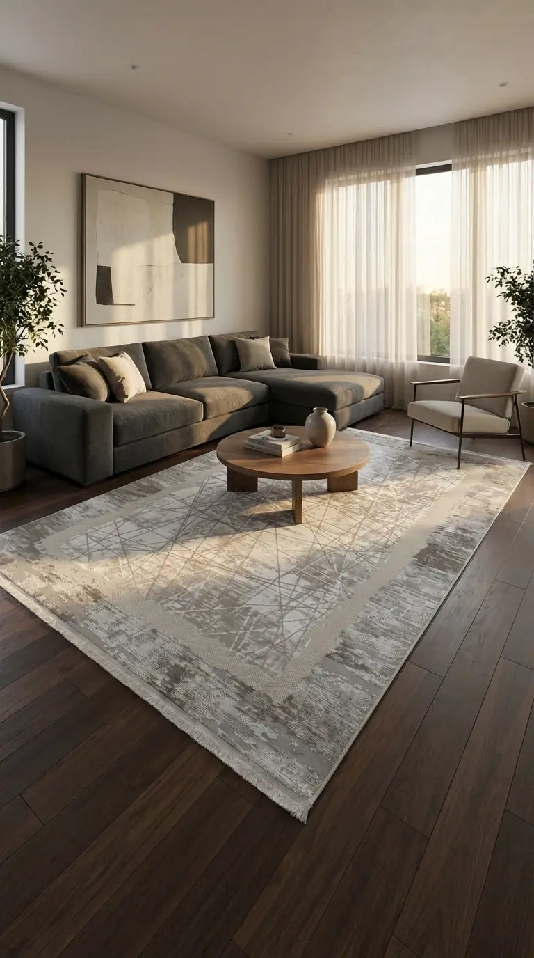 Zev Halı Prime PR004 Gri Soyut Çizgili Çerçeveli Toz Yapmaz Halı 160x230