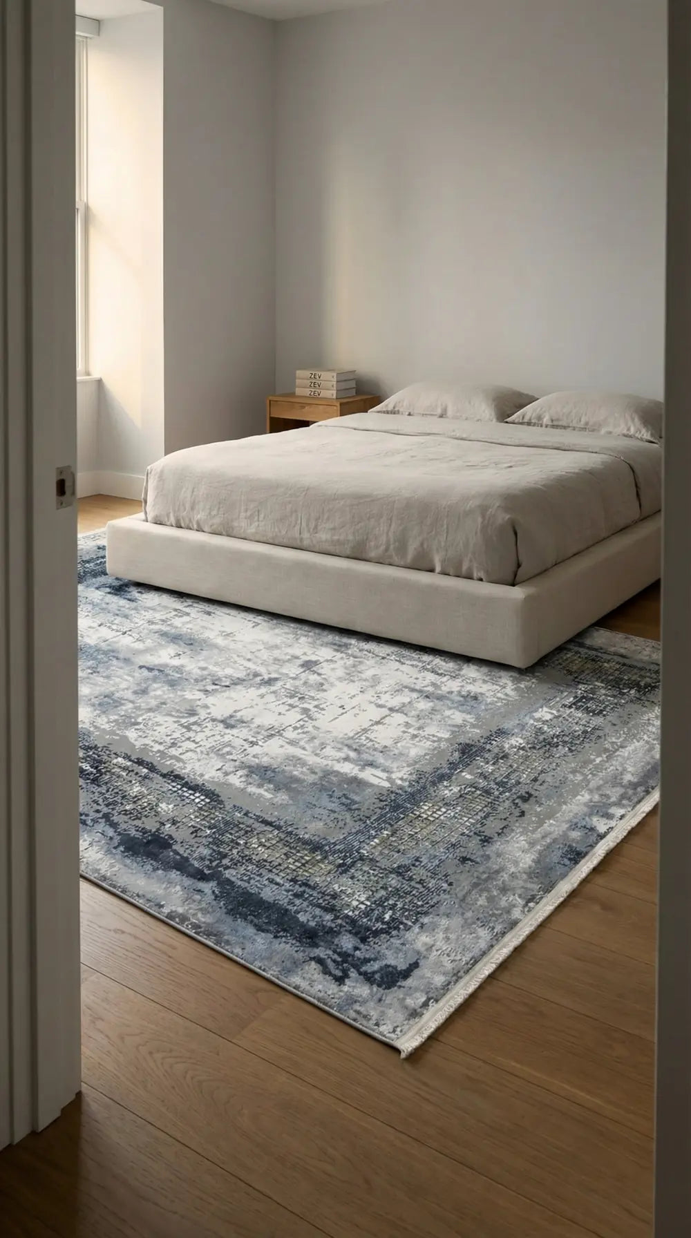 Zev Halı Prime PR006 Lacivert  Gri Çerçeveli Soyut Tozumaz Salon Halısı 160x230