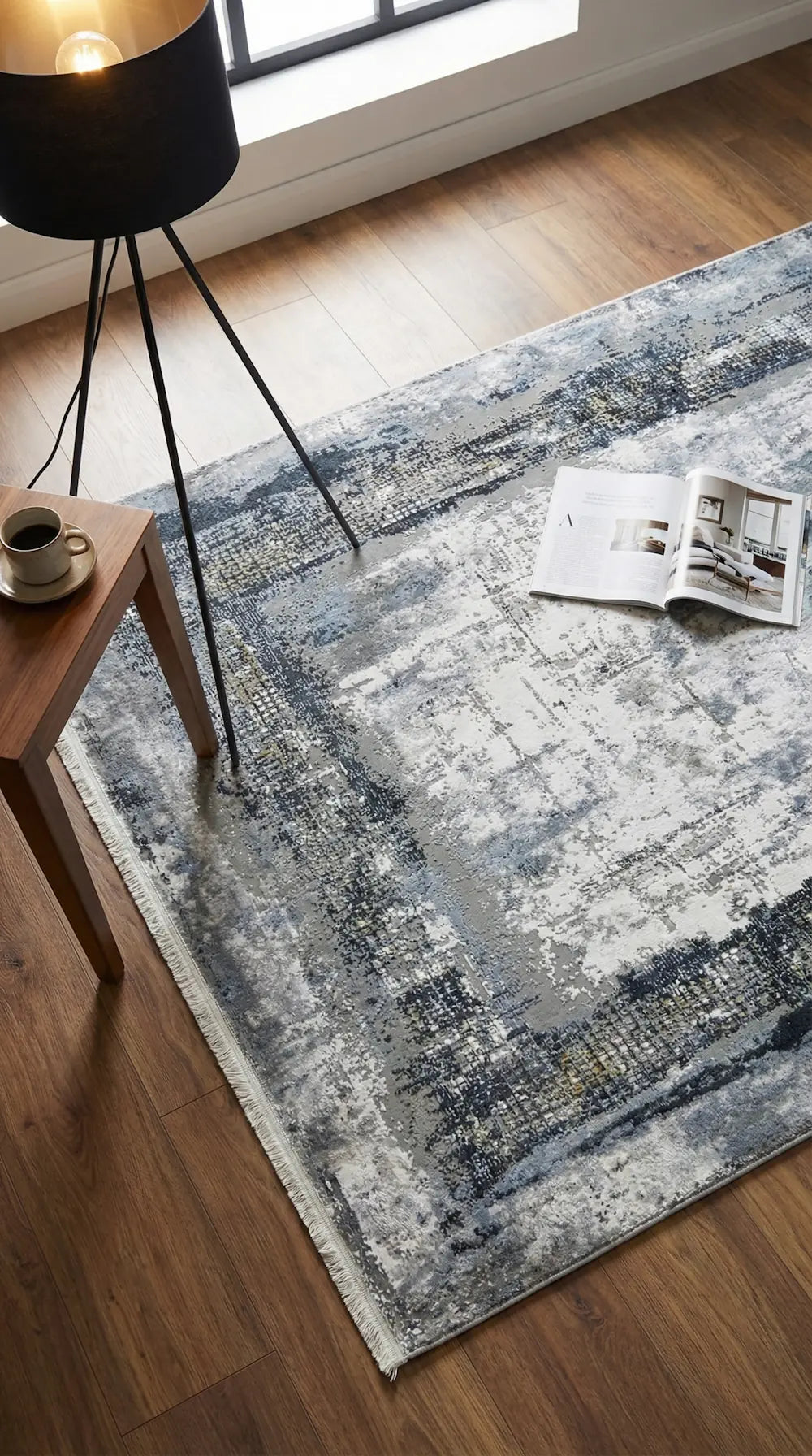 Zev Halı Prime PR006 Lacivert  Gri Çerçeveli Soyut Tozumaz Salon Halısı 160x230