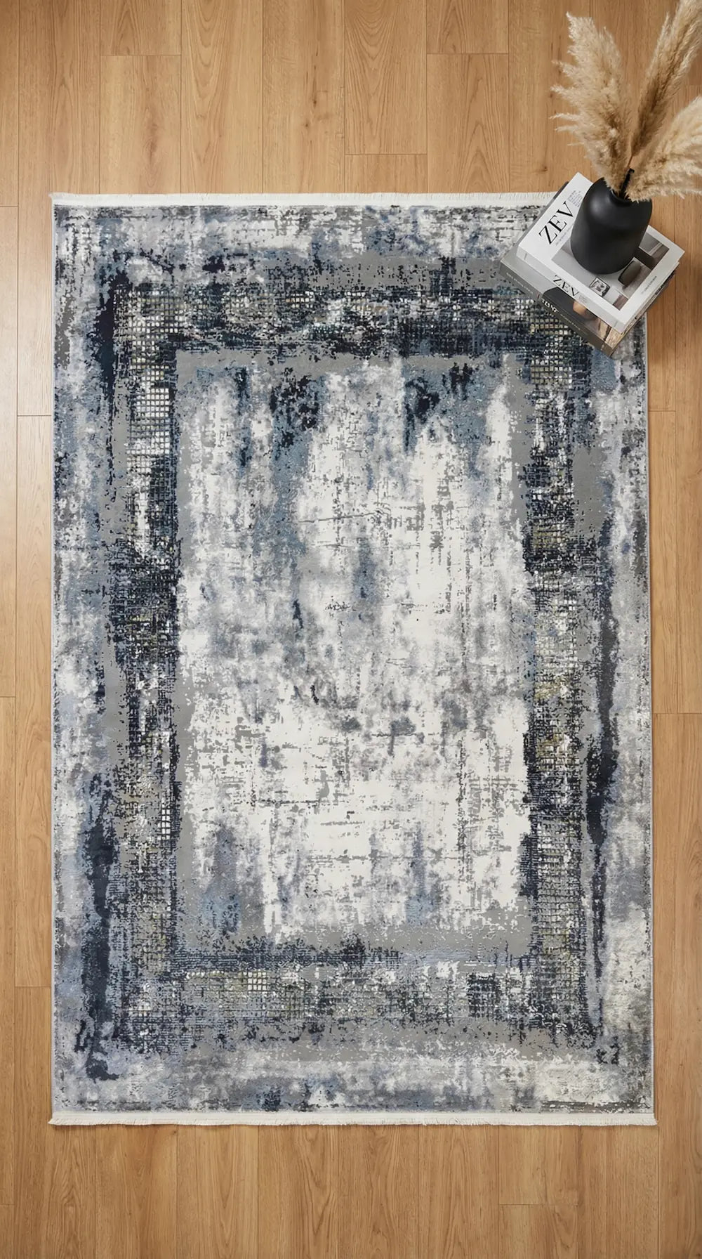Zev Halı Prime PR006 Lacivert  Gri Çerçeveli Soyut Tozumaz Salon Halısı 160x230