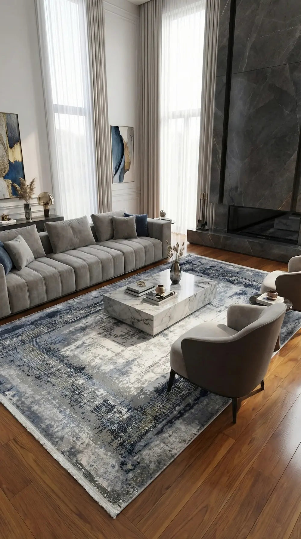 Zev Halı Prime PR006 Lacivert  Gri Çerçeveli Soyut Tozumaz Salon Halısı 160x230