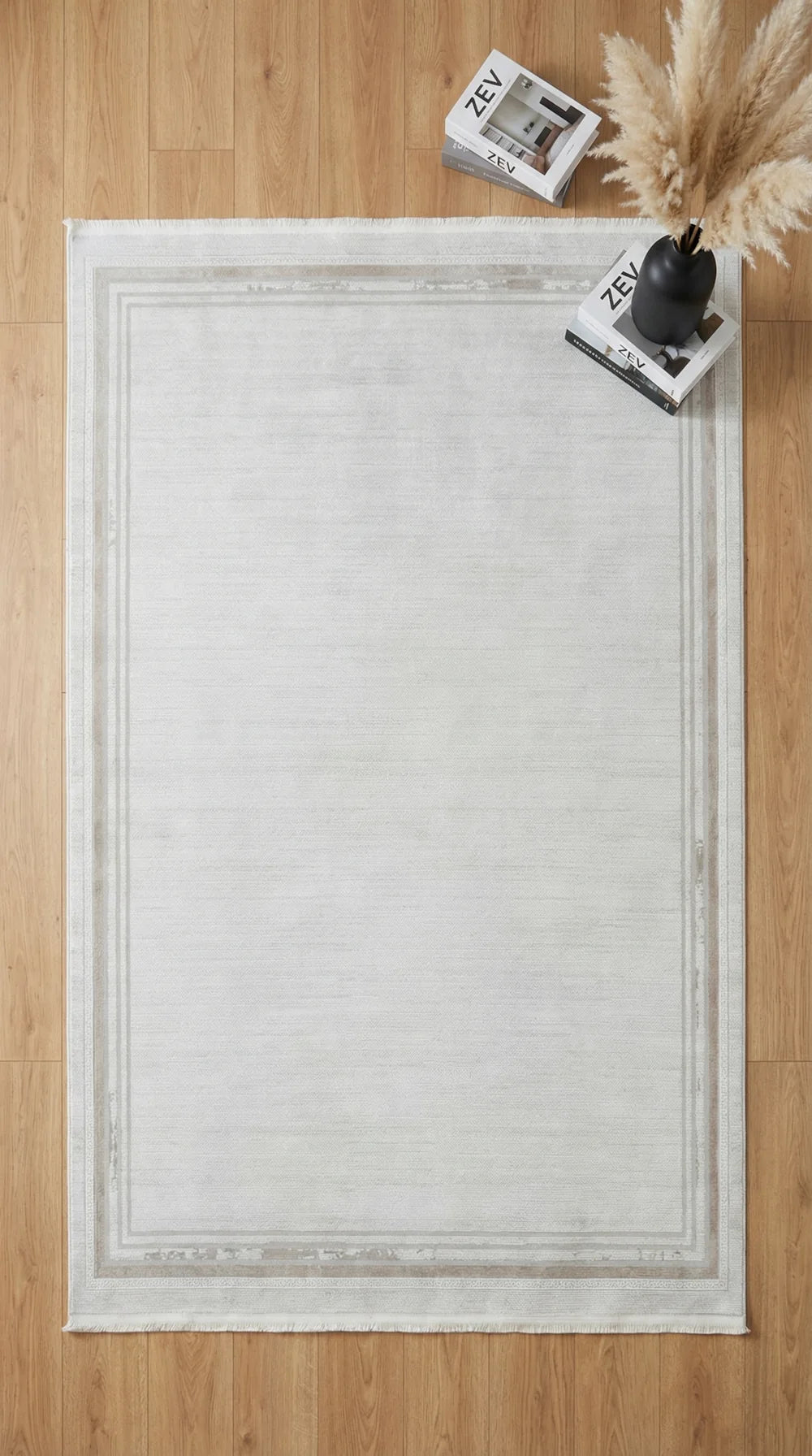 Zev Halı Prime PR007 Krem Bej Çerçeveli Sade Toz Yapmaz Halı 160x230