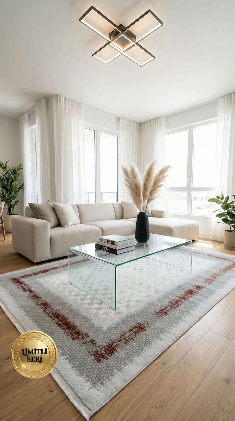 Zev Halı Prime PR008 Gri Kiremit Çerçeveli Damalı Toz Yapmaz Halı 160x230