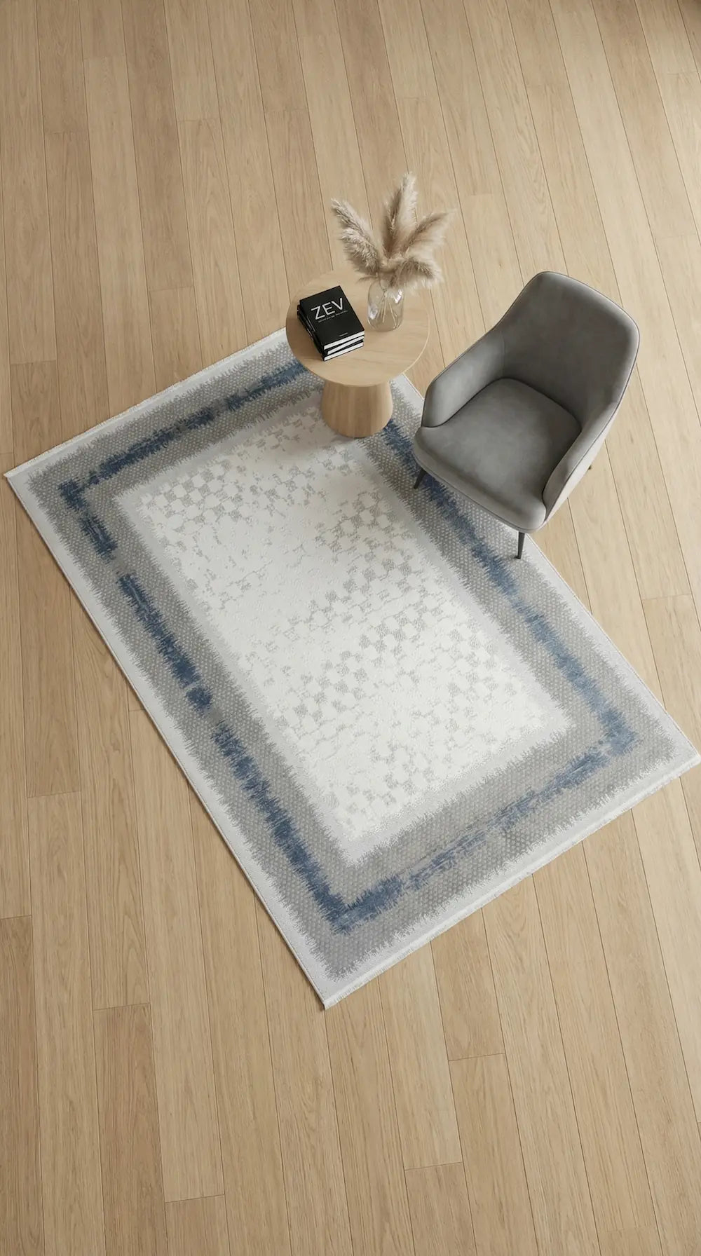 Zev Halı Prime PR009 Gri Mavi Çerçeveli Damalı Toz Yapmaz Halı 160x230