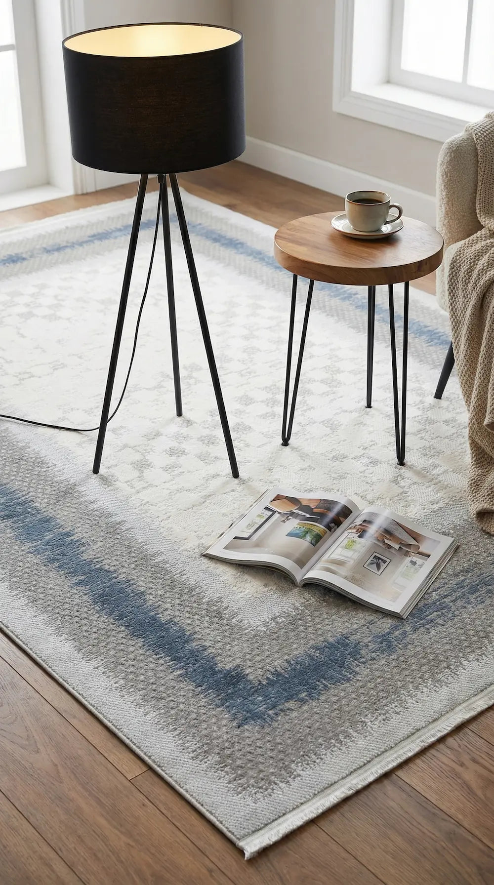 Zev Halı Prime PR009 Gri Mavi Çerçeveli Damalı Toz Yapmaz Halı 160x230