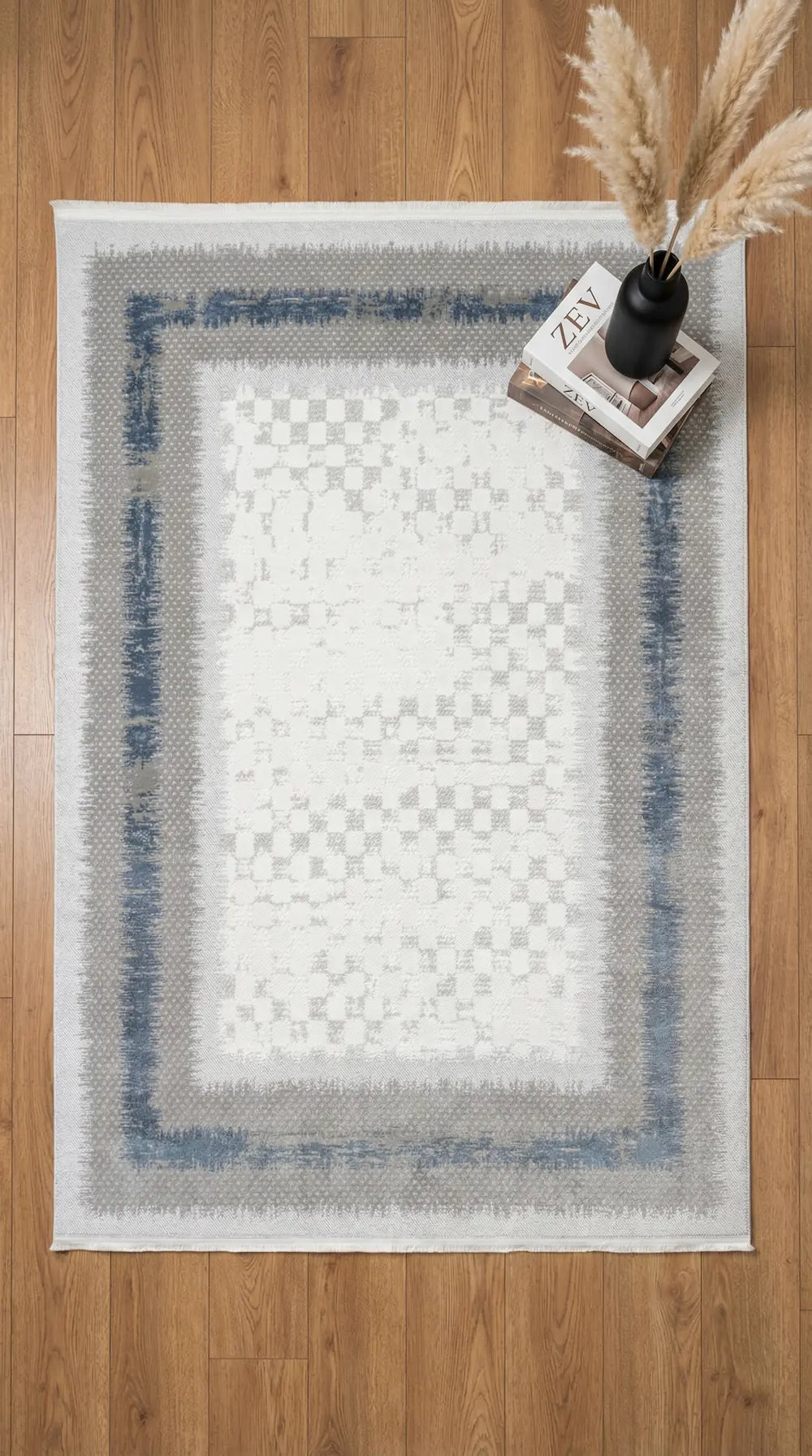 Zev Halı Prime PR009 Gri Mavi Çerçeveli Damalı Toz Yapmaz Halı 160x230