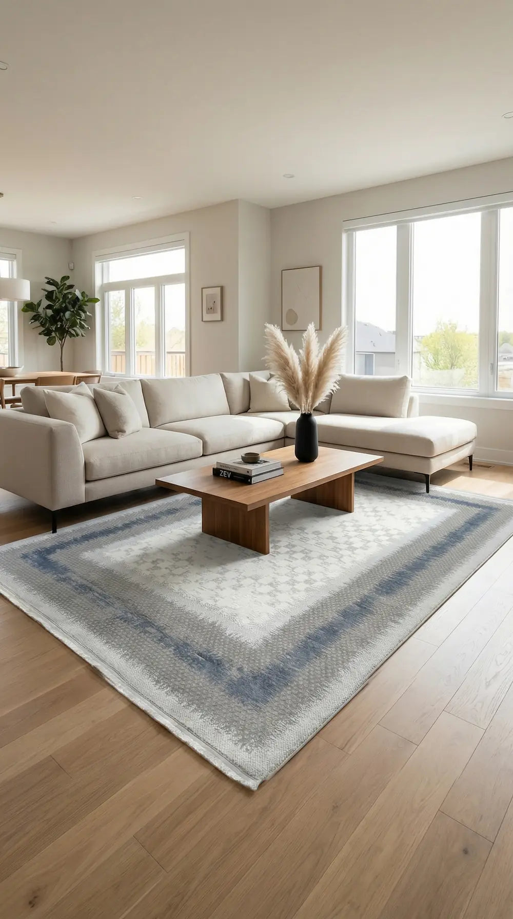 Zev Halı Prime PR009 Gri Mavi Çerçeveli Damalı Toz Yapmaz Halı 160x230