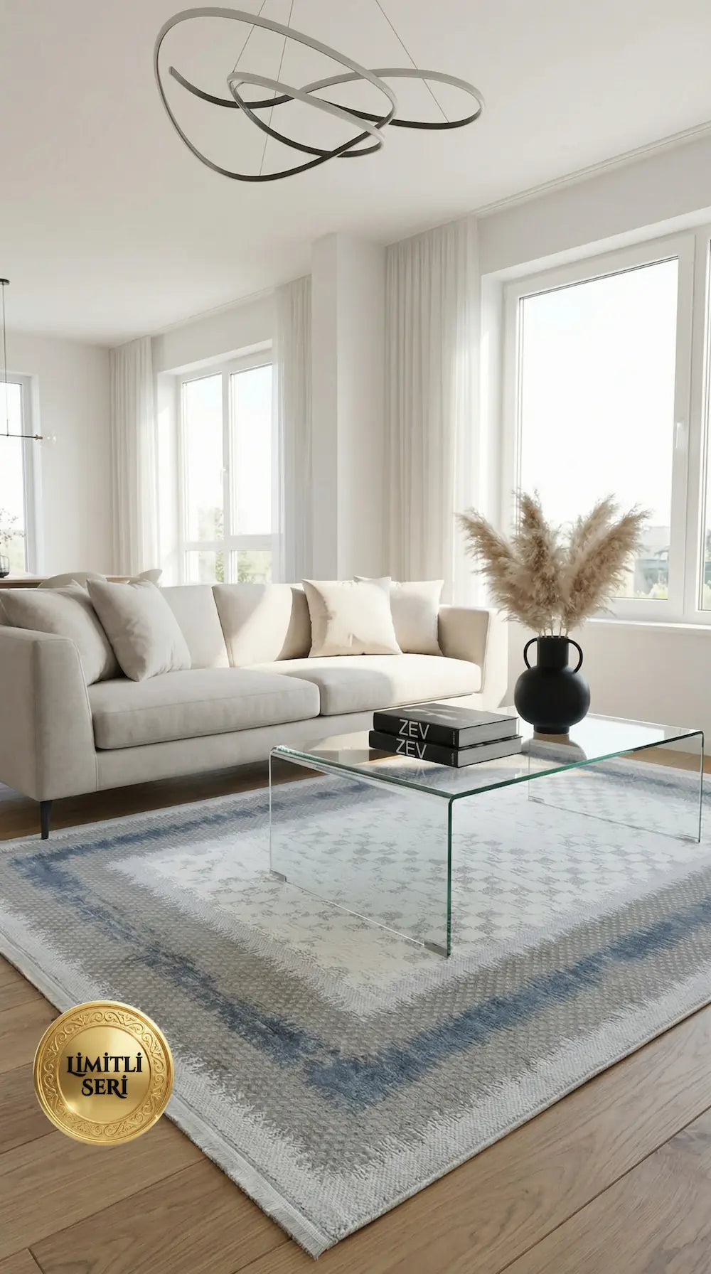 Zev Halı Prime PR009 Gri Mavi Çerçeveli Damalı Toz Yapmaz Halı 160x230