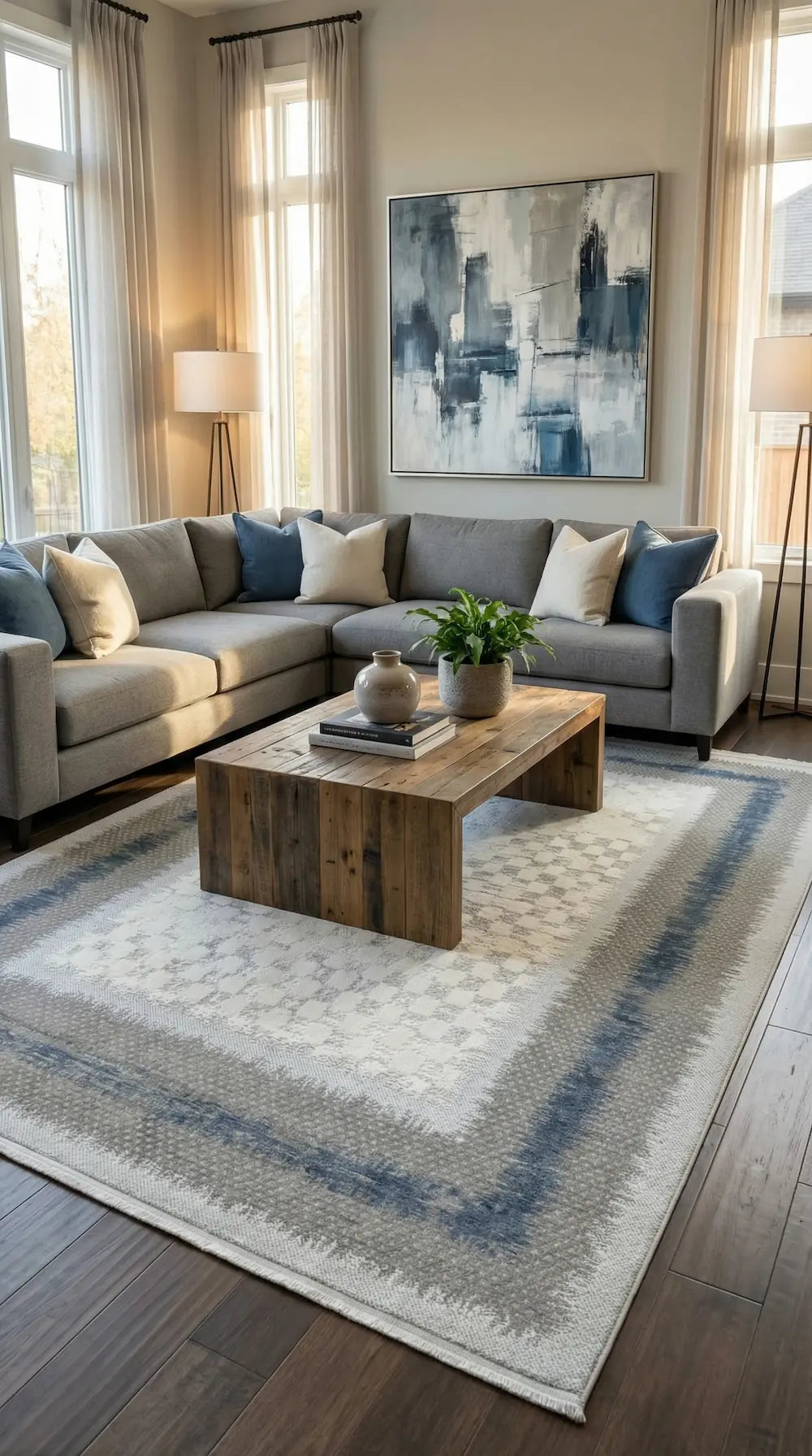 Zev Halı Prime PR009 Gri Mavi Çerçeveli Damalı Toz Yapmaz Halı 160x230