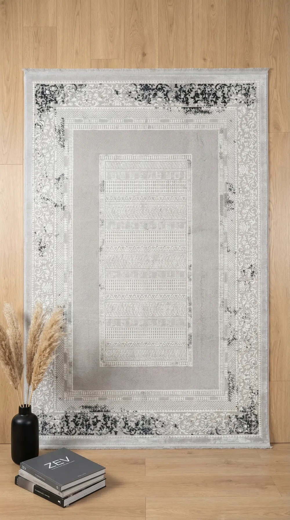 Zev Vogui Serisi Gri Siyah Eskitme Görünümlü Soyut Halı St037 160x230