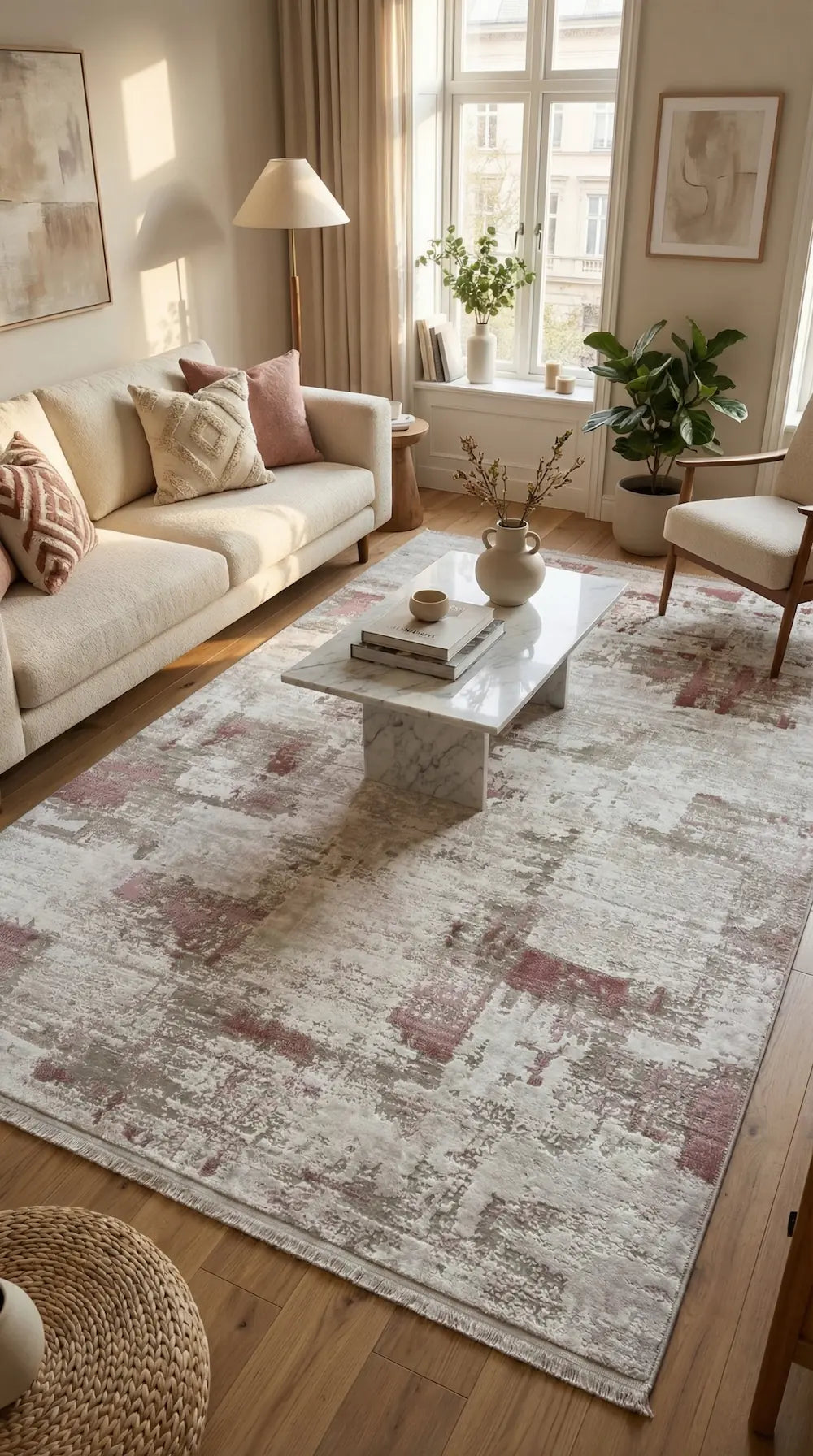 Zev Vogui Gül Kurusu ve Bej Soyut Desenli Modern Halı St040 160x230