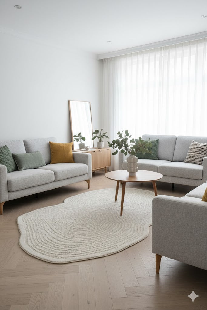 Modern açık renk oturma odası, gri koltuklar, yuvarlak ahşap sehpa, beyaz dokulu halı ve bitkilerle