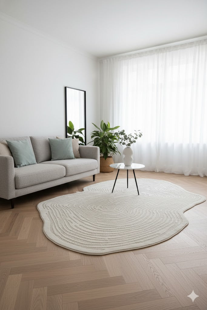 Açık renk modern oturma odası, gri kanepe, yeşil yastıklar, beyaz organik şekilli halı, beyaz perde ve bitkiler