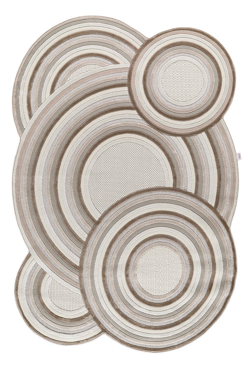 Bej ve kahverengi tonlarında dairesel desenlerle yumuşak dokulu modern halı