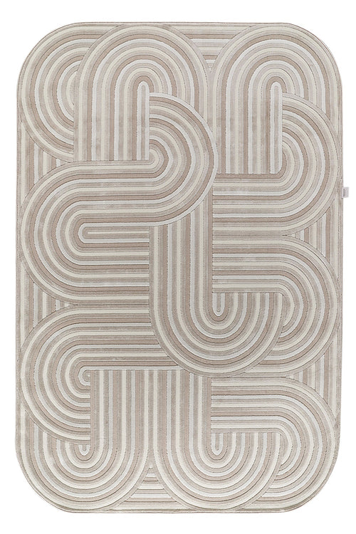 Krem ve bej renkli yumuşak dokulu geometrik desenli modern salon ve oturma odası halısı