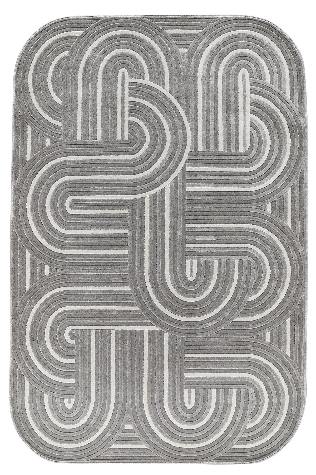 Gri ve beyaz çizgili geometrik desenli yumuşak dokulu bağlamalı makine halısı