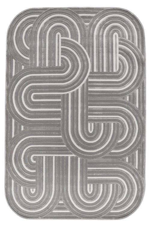 Gri ve beyaz çizgili geometrik desenli yumuşak dokulu bağlamalı makine halısı