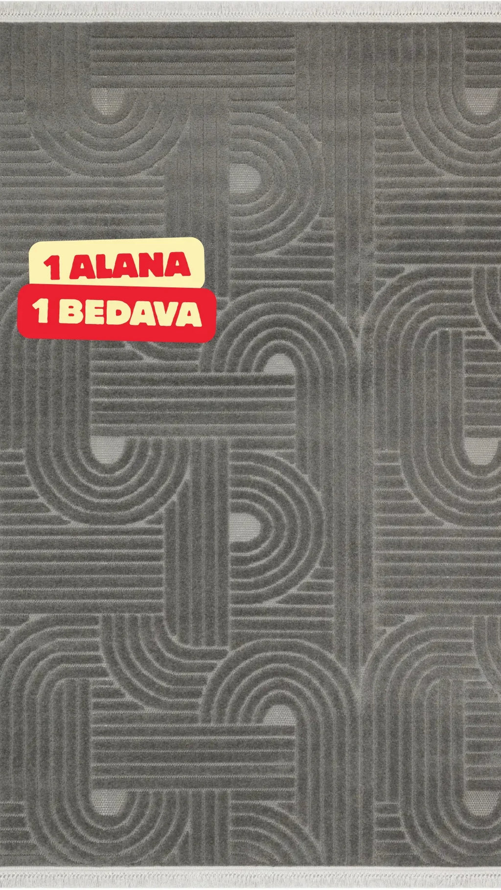 Antrasit renkli geometrik desenli halı üzerinde 1 alana 1 bedava indirim yazısı