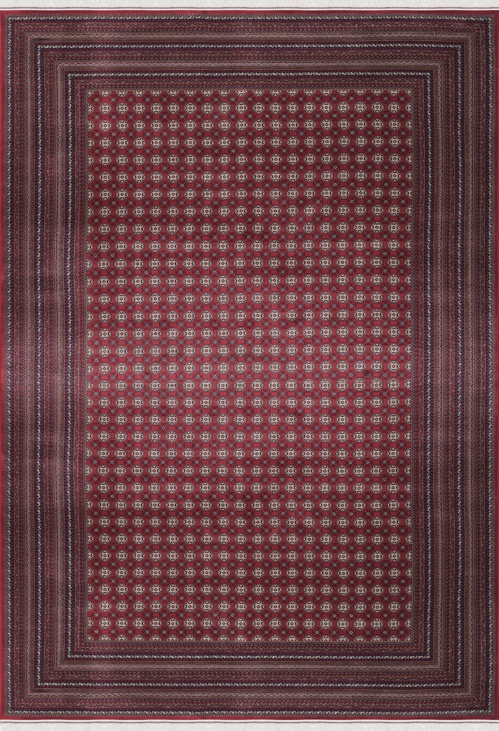 Klasik kırmızı desenli geleneksel halı, ince detaylı geometrik motifler ve çoklu bordür