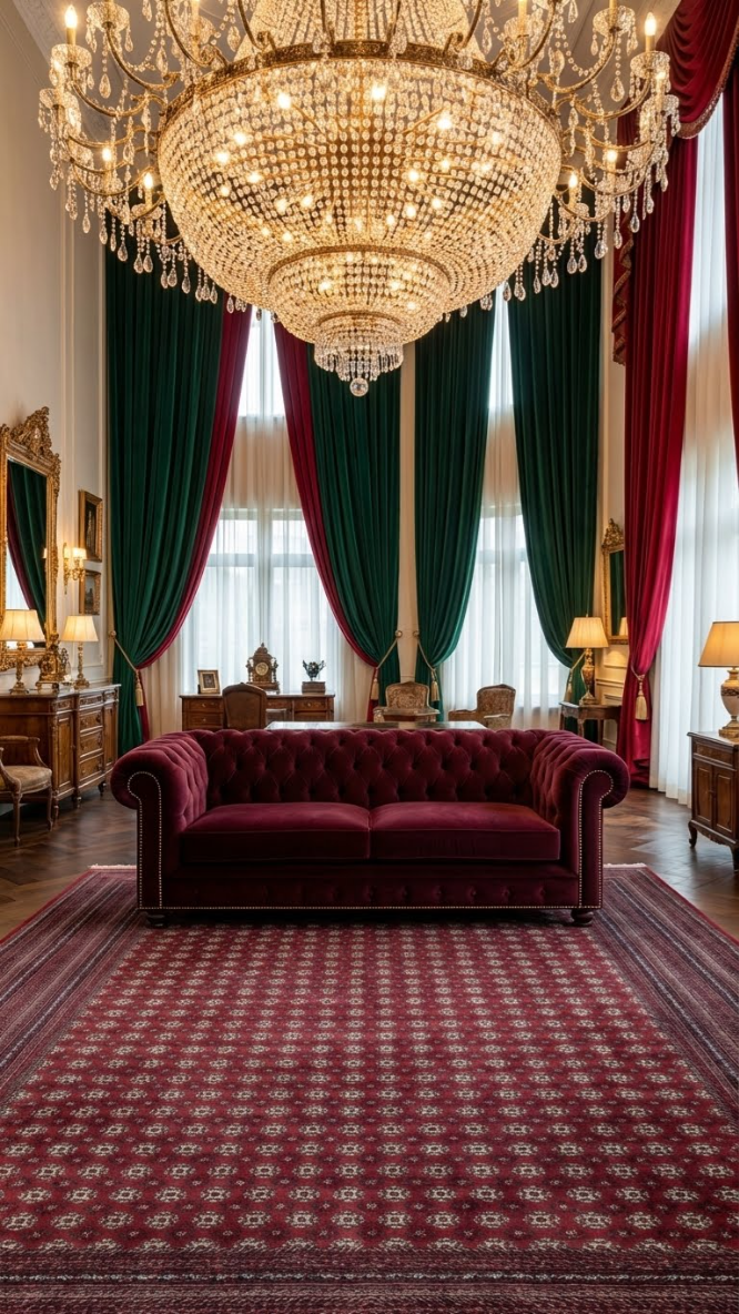 Lüks iç mekanda büyük kristal avize, bordo kadife kanepe, kırmızı ve yeşil kadife perdeler ve klasik mobilyalar